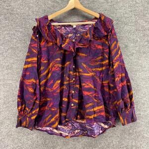 Terra & Sky Blouse Women 0X Plus Purple Geometric Button V-Neck Long Sleeve